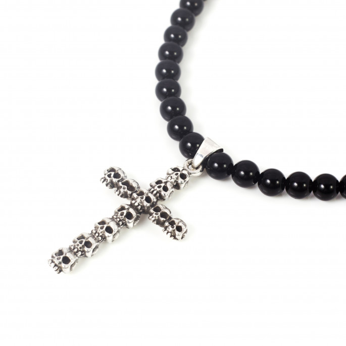 Charm necklace, onyx beads & silver