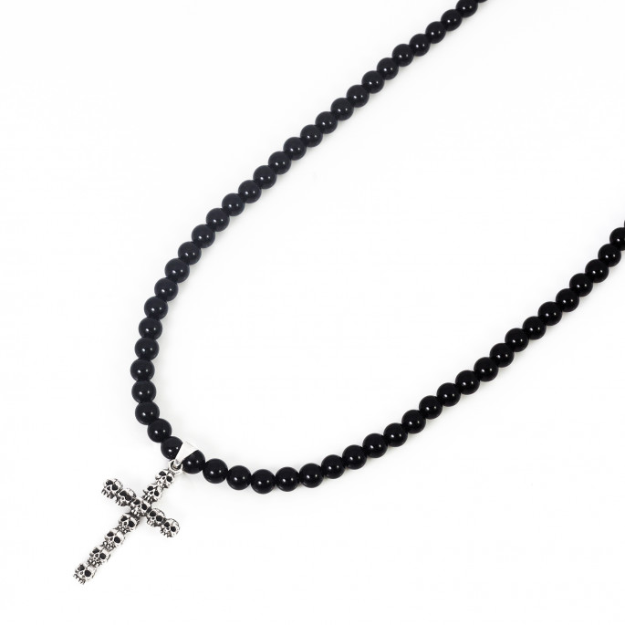 Men's Black Onyx Beaded Necklace | Sterling Silver Cross Pendant