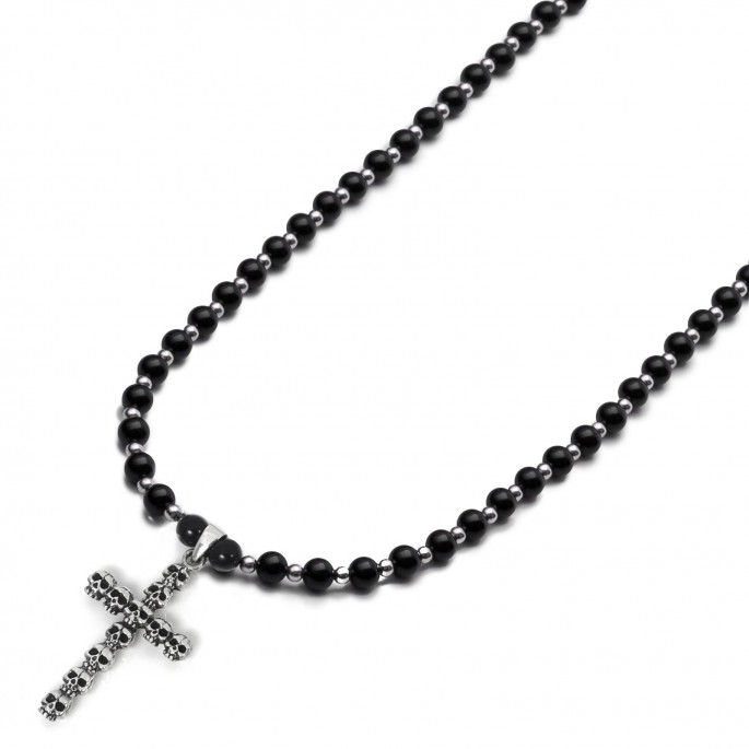 Wood Beads Men's Black Rosary Style Beaded Necklace with Cross Pendant