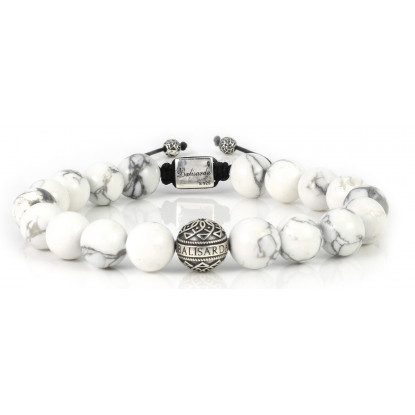 White Howlite Beaded Bracelet | Sterling Silver Bead | White Gemstones on Black Cord