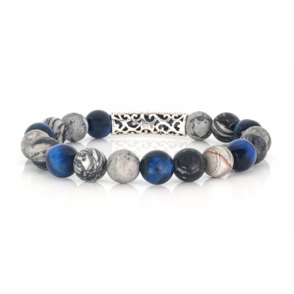Mixed Leopard Skin Jasper, Zebra Jasper, Blue Tiger Eye Beaded Bracelet | Sterling Silver Jewelry | Multicolored Gemstones