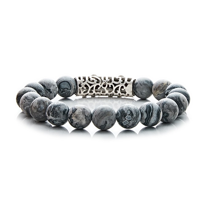 Gray Leopard Jasper Bracelet w Lava Beads