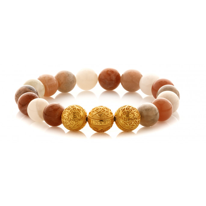 Tri Colored Moonstone Beaded Bracelet | Triple 24 K Gold Plated Silver Beads