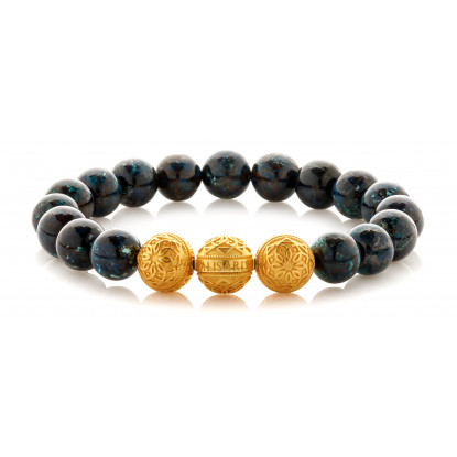 Chrysocolla Beaded Bracelet | Triple 24 K Gold Plated Silver Beads | Dark Blue Gemstones