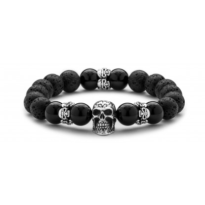 Black Onyx & Lava Beaded Bracelet | Sterling Silver Skull Jewelry | Black Gemstones