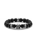 Black Onyx & Lava Beaded Bracelet | Sterling Silver Skull Jewelry | Black Gemstones