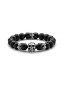 Black Onyx & Matte Onyx Beaded Bracelet | Sterling Silver Statement Skull Jewelry | Black Gemstones