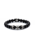 Black Onyx & Matte Onyx Beaded Bracelet | Sterling Silver Skull Jewelry | Black Gemstones