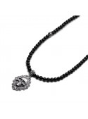 Men's Black Onyx Beaded Necklace | Sterling Silver Skull Pendant