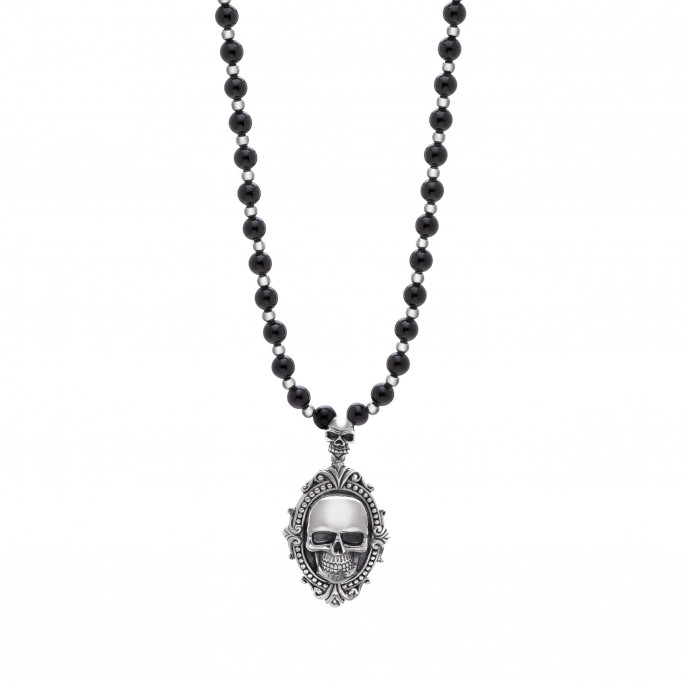 Men's Black Onyx & Silver Beaded Necklace