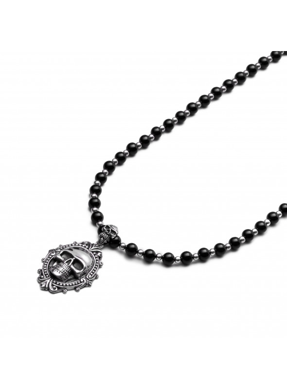 Men's Black Onyx & Silver Beaded Necklace | Sterling Silver Pendant