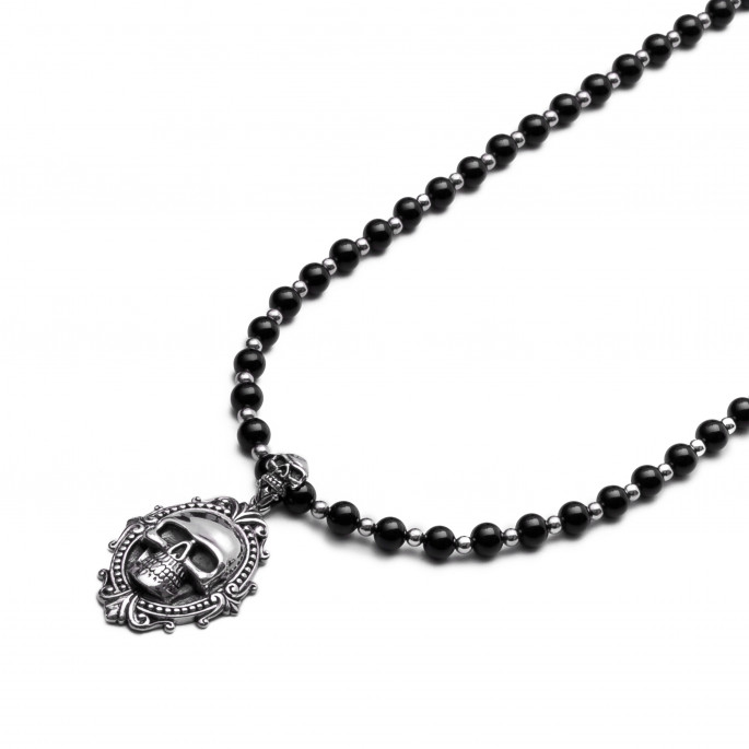 Men's Black Onyx & Silver Beaded Necklace