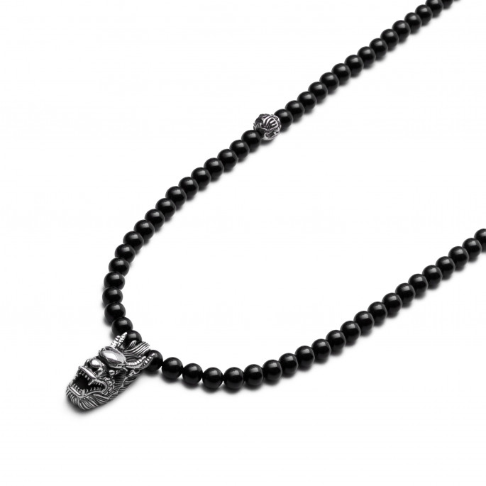 Silver Beads and Black Onyx Heart Dragon Necklace with Black Chain